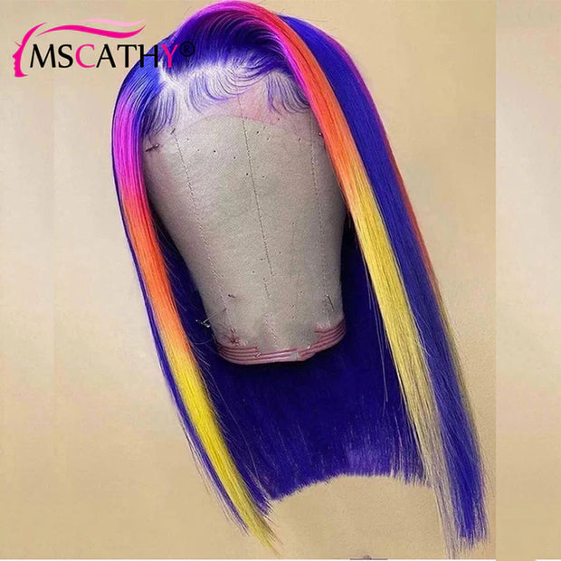 Rainbow Ombre Short Straight Remy Human Hair HD Transparent Lace Frontal Wigs