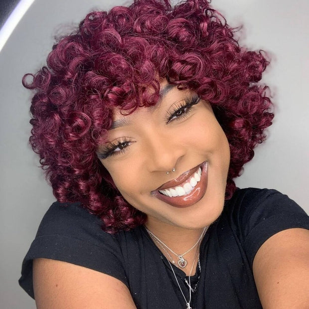 Fumi Human Hair Wig Rose Curly None Lace Wig with Bangs Machine Made 99J Burgundy Red Wig Brazilian Remy Bouncy Curly Wigs