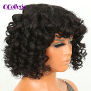 Bouncy Curly Human Hair Bob Wigs  Brazilian Funmi Curly Glueless Wig Machine Made Wig with Bangs