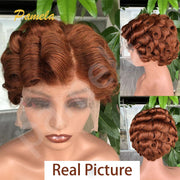 13X4 Reddish Brown Short Bob Loose Wave Transparent Lace Human Hair Wigs Honey Blonde 