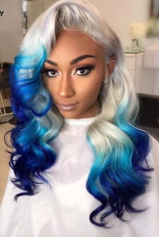Ombre Blue Lace Front Human Hair 150% Brazilian with Baby Hair Transparent 