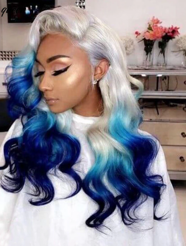 Ombre Blue Lace Front Human Hair 150% Brazilian with Baby Hair Transparent 