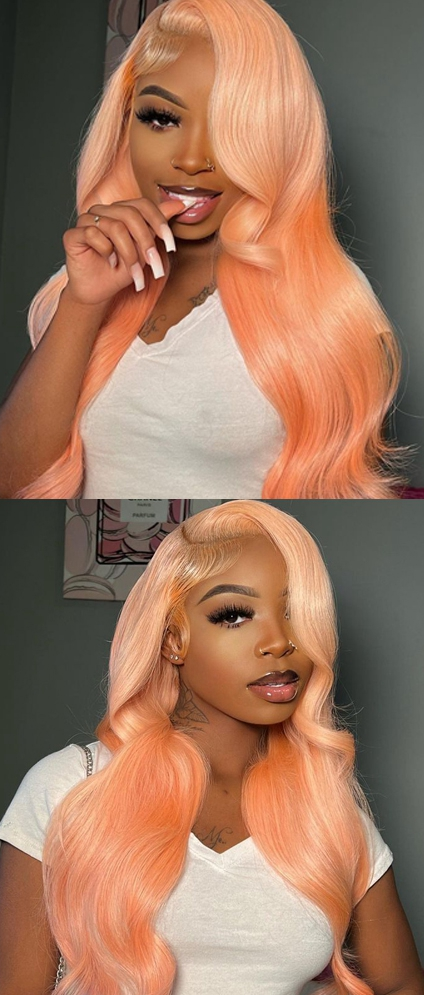 13x4 Light Orange Lace Frontal Wig with Baby Hair Indian Remy Human Hair Transparent Lace 