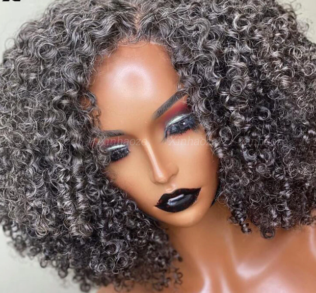 Grey Salt and Pepper Kinky Curly Short Human Hair 13X4 Lace Frontal Wig 