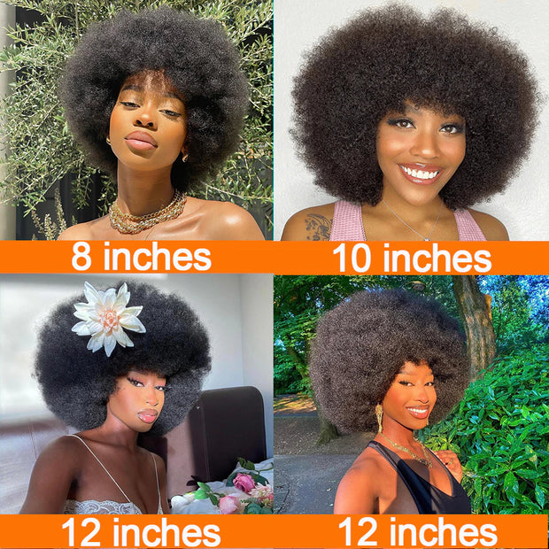 Fluffy Afro Kinky Curly Human Hair Wig with Thick Bangs Natural Short Bob Wigs for Black Women 180% Density Full Machine Hair