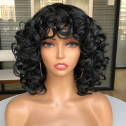 Bouncy Curly Human Hair Bob Wigs  Brazilian Funmi Curly Glueless Wig Machine Made Wig with Bangs