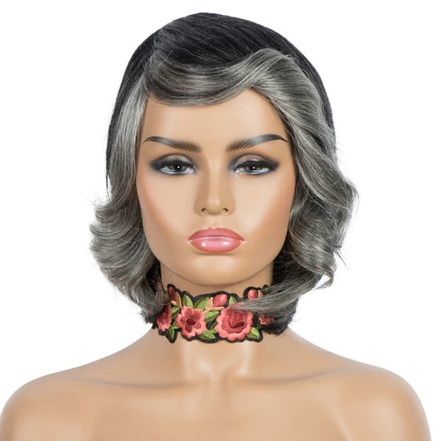 Grey Short Bob Human Hair Wig for Women Brazilian Remy Hair Ombre Gray Silver Wavy Hair Wig with Bangs Pixie Part Wig