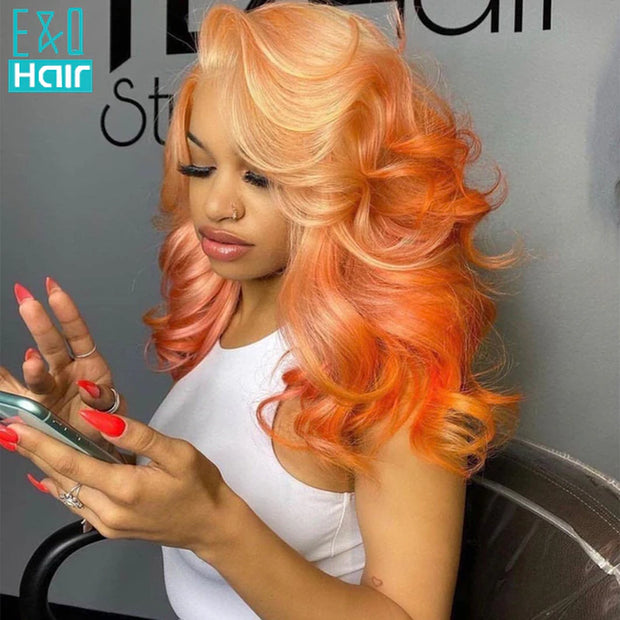 Ombre Ginger Orange Colored Lace Front Human Hair Wigs Brazilain Remy Transparent Lace Pre Plucked 180%