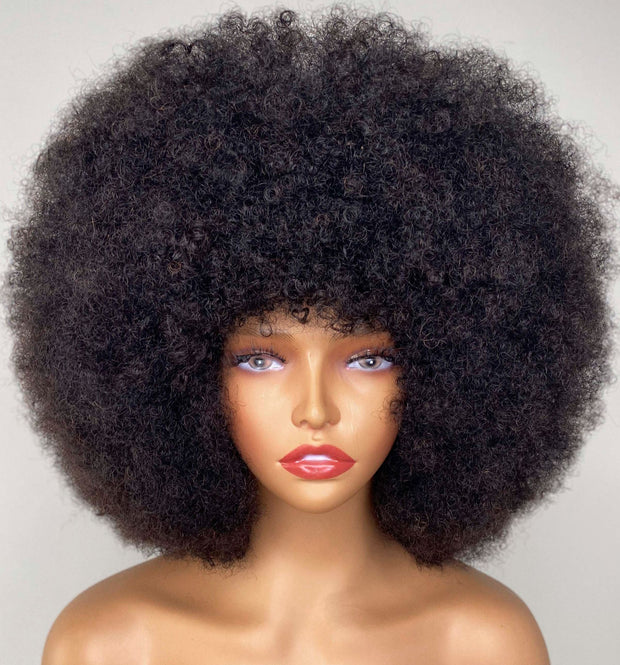 Fluffy Afro Kinky Curly Human Hair Wig with Thick Bangs Natural Short Bob Wigs for Black Women 180% Density Full Machine Hair