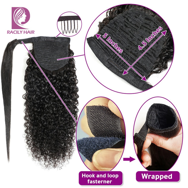 Racily Hair Afro Kinky Curly Ponytail Human Hair Remy Brazilian Wrap Around Ponytail Drawstring Ponytail Clip In Hair Extensions