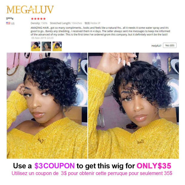 Pixie Cut Curly Water Wave Lace Closure Human Hair Wigs Preplucked with Side Part