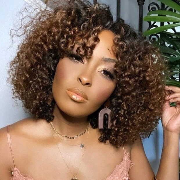 Fumi Human Hair Wig Rose Curly None Lace Wig with Bangs Machine Made 99J Burgundy Red Wig Brazilian Remy Bouncy Curly Wigs