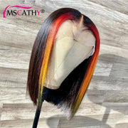 Rainbow Ombre Short Straight Remy Human Hair HD Transparent Lace Frontal Wigs