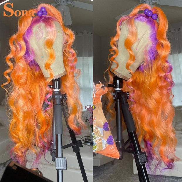 180 Density 2 Toned Purple Orange/Blonde Pink/Green Body Wave 13X4 Lace Frontal Human Hair Wig