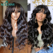 Body Wave Wig with Bangs Remy Brazilian Bangs Wig Human O Scalp Top Full Machine Made Wig Wavy Human Hair Wig for Women