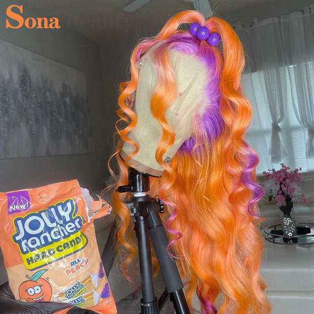180 Density 2 Toned Purple Orange/Blonde Pink/Green Body Wave 13X4 Lace Frontal Human Hair Wig