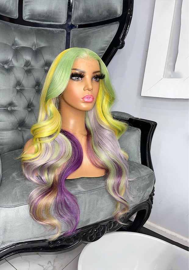Green Yellow Purple Rainbow Brazilian T Part Human Hair Transparent Lace Front Wigs