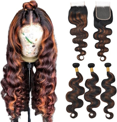 30” Body Wave Virgin Hair  Bundles with 4x4 Lace Closure, 3 bundles + Closure