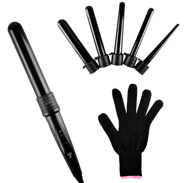5 Part Interchangeable Hair Ceramic Curling Iron Multi-size Roller with Heat Resistant Glove Styling Set