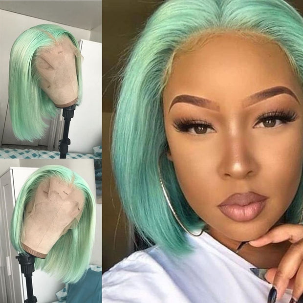 13x4 Light Green Human Hair Transparent Lace Front Wig Preplucked 150% Brazilian