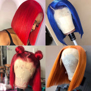 Blue, Orange, Red 13x1 Lace Frontal Human Hair Short Bob Wigs 150%