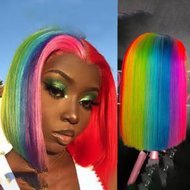 Rainbow Blonde Brazilian Full Lace Short Bob Human Hair Pre Plucked HD Colored Wigs