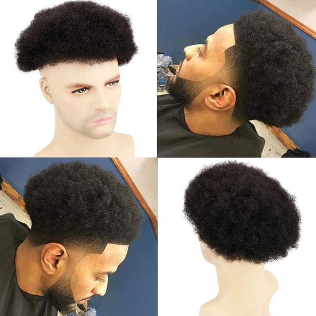 African Men Hairpiece 100% Human Hair PU + MOMO 9x7” Natural Black Color