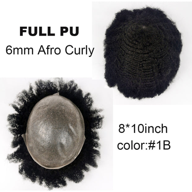 100% Human Hair Curly African American Men's Toupee Full Skin 8x10inch