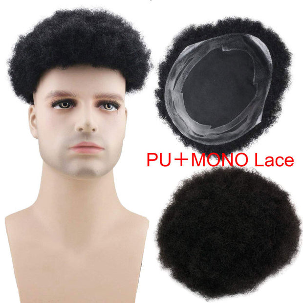 Afro Curly 10x8 Inch PU and MONO Lace Hairpiece 100% Remy Human hair Color 1B#