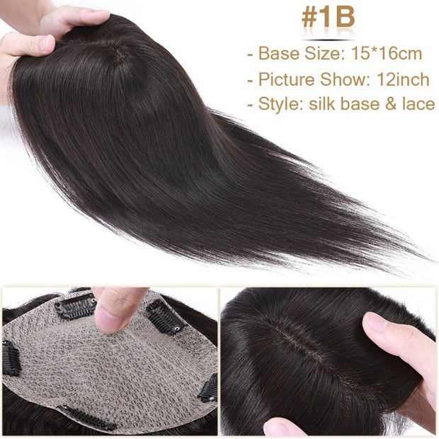 100% Human Hair Toppers 15x16cm, 57g PU+Breathable Net Silk Base Clip in Wig