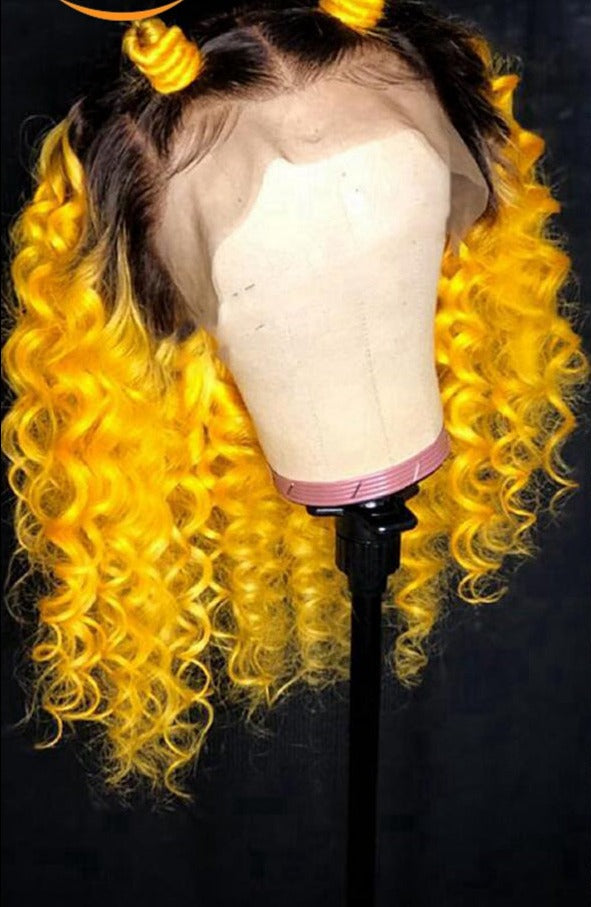 Blue, Red, Yellow, Pre Plucked Curly Brazilian Remy 13x4 Ombre Lace Front Human Hair Wigs