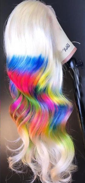 Yellow Rainbow Colored Human Hair Transparent Lace Frontal Wigs Body Wave