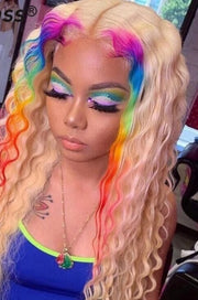 Rainbow Deep Wave Human Hair Lace Front Glueless Transparent Brazilian Human Hair Wig