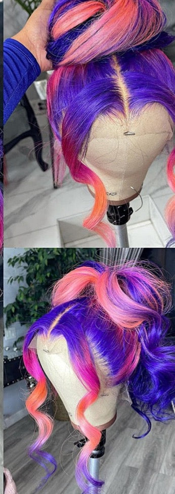 Purple Rainbow Color Lace Front Pre Plucked Body Wave Raw Brazilian Human Hair Wig