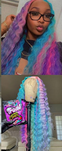 Deep Wave Rainbow Lace Front T Part Raw Brazilian Human Hair  Wig With Baby Hair