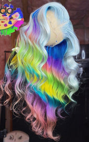Transparent Lace Frontal Rainbow Color Pre Plucked Loose Wave Human Hair Wig with Baby Hair