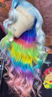 Transparent Lace Frontal Rainbow Color Pre Plucked Loose Wave Human Hair Wig with Baby Hair