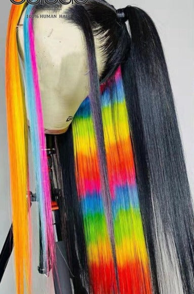 Rainbow Colored Human Hair Transparent Lace Front Human Hair Brazilian Wig