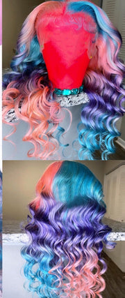Pink Rainbow Lace Front Human Hair Wig with Baby Hair Transparent Lace