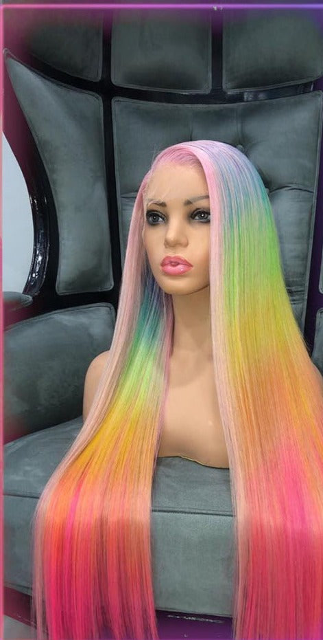 Pink Purple Red Rainbow Pre Plucked 13x4 Lace Front Brazilian Remy Straight Human Hair Wigs with Baby Hair