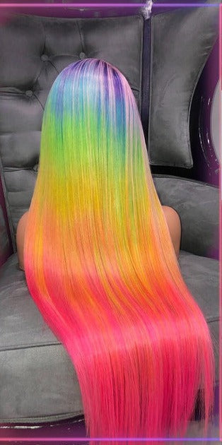 Pink Purple Red Rainbow Pre Plucked 13x4 Lace Front Brazilian Remy Straight Human Hair Wigs with Baby Hair