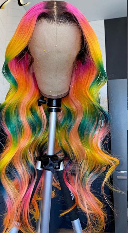 Rainbow Colorful Wig Body Wave Swiss Transparent Lace Front Wig Pre Plucked Raw Brazilian Human Hair