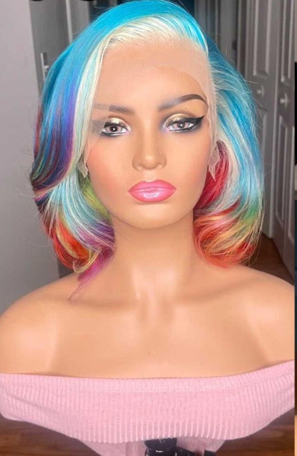 Rainbow Color 13x4 Lace Front Wigs Brazilian Short Bob Human Hair Transparent Lace Wigs