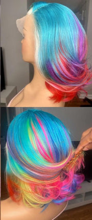 Rainbow Color 13x4 Lace Front Wigs Brazilian Short Bob Human Hair Transparent Lace Wigs