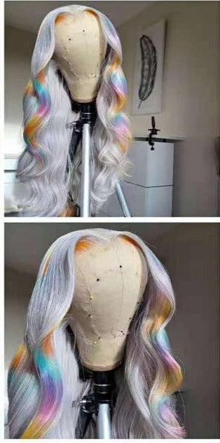 Rainbow Grey Colored Human Hair Lace Front Wig, Pre-Plucked Baby Hair Transparent Lace Wig