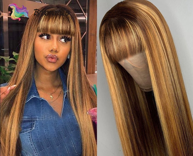 Ombre Highlight Straight Wig With Bangs Glueless Machine Made Wigs 100% Peruvian Human Hair