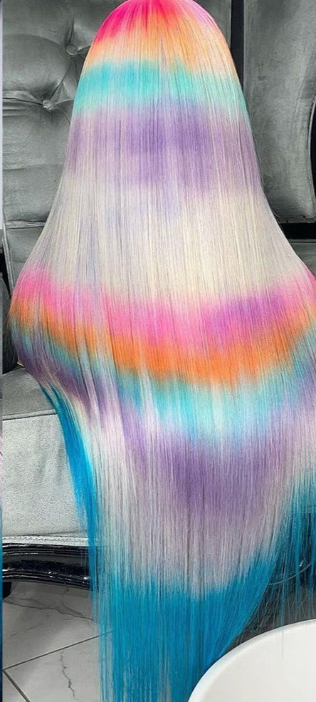 Rainbow Color Silky Straight Lace Front With Baby Hair Pre Plucked Human Hair Wigs