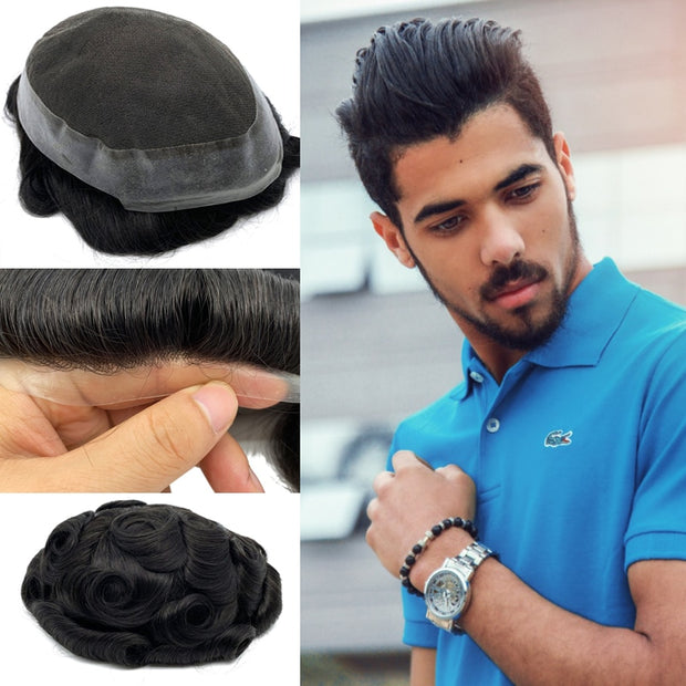 Indian Human Hairpieces For Men 8*10” Swiss Lace Around Pu Base