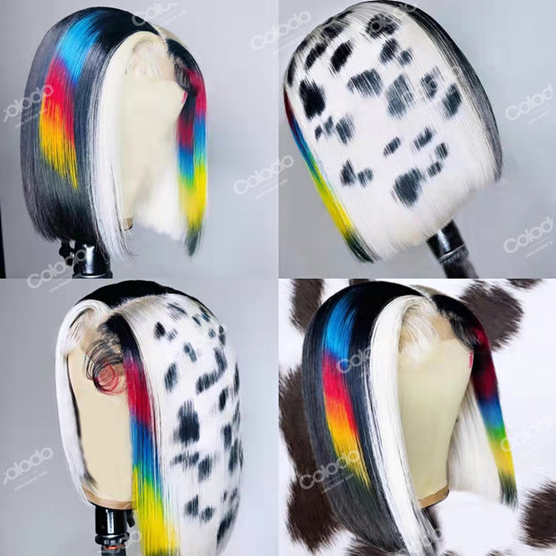 Dalmatian Print Rainbow Bob Wig Pre Plucked Lace Front Human Hair Transparent Lace