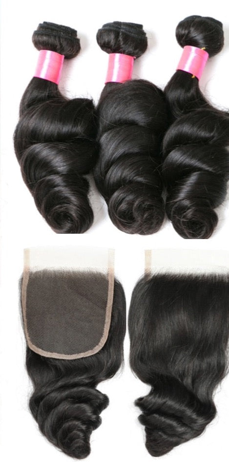 Human Hair Loose Wave Bundles With Closure Brazilian Remy Human Hair 3 Bundles With Swiss Lace Closure Natural Black